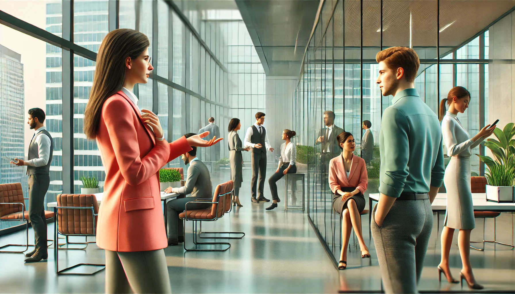 DALL·E 2025 03 21 12.09.07 A realistic image illustrating body language and communication in a professional agency setting. The scene takes place in a modern office with a wider