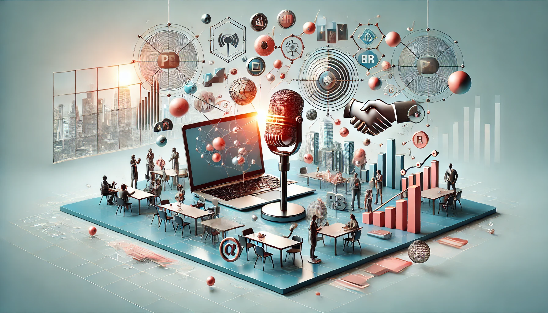 DALL·E 2025 03 27 17.21.24 A realistic digital illustration of communication and PR agency elements with a creative and original composition. The image features a modern workspa