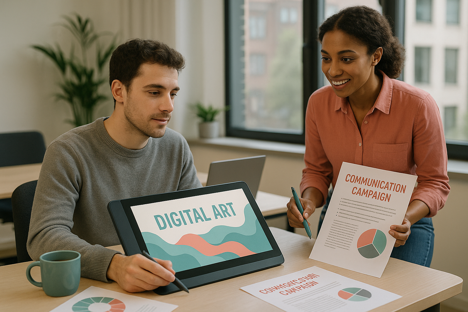 Comunicación y arte digital en campañas de marketing: ilustración creativa con elementos gráficos digitales que representan innovación en la estrategia de marca